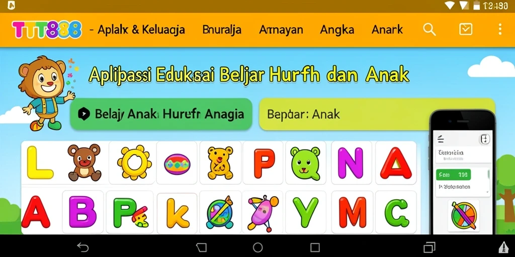Tampilan antarmuka aplikasi TTT888 untuk belajar huruf dan angka.